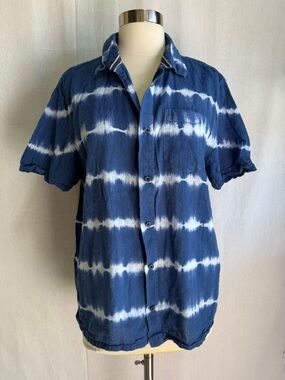 Sun + Stone Blue and White Tie-Dye Short Sleeve Button-Up Shirt